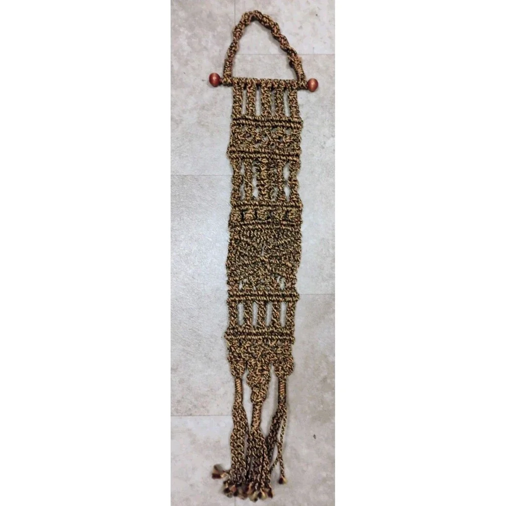 Vintage 1970s Macrame Thermometer Wall Hanging Boho Chic Fringe Tassel 26